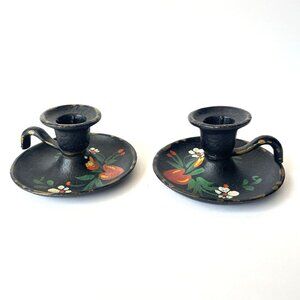 Vintage Cast Iron Candle Stick Holders Set Hand Painted Black Floral Dutch Amish